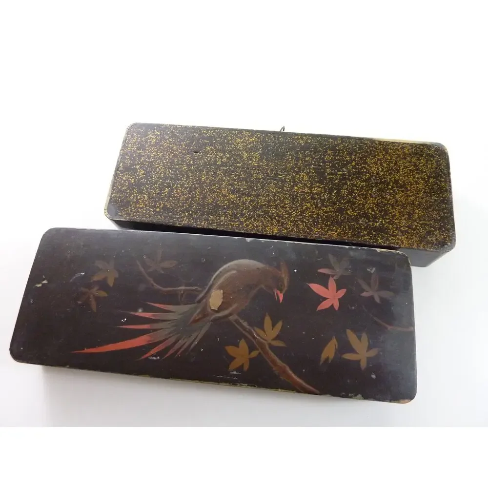 Antique Japanese Meiji Lacquer Fude bako Brush Box Hand Painted Bird Wood Box